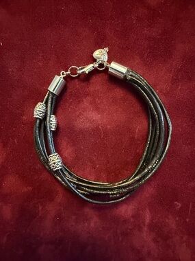 Custom Hand-Made Black Multi-Strand Leather Bracelet with Silver Accent Beads